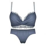 ブルー | ブラジャーショーツセット レースダブルストラップランジェリー ブラジャー | COCOMOMO