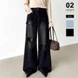 ブラック | ダメージレースデニム デニムパンツ ダメージジーンズ | COCOMOMO