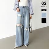 ライトブルー | ダメージレースデニム デニムパンツ ダメージジーンズ | COCOMOMO