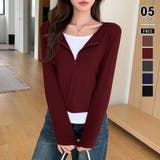 レッド | レイヤード風カットソー ハーフジップ 長袖カットソー | COCOMOMO