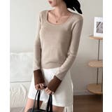 バイカラートップス 配色ニット スクエアネック | COCOMOMO | 詳細画像6 