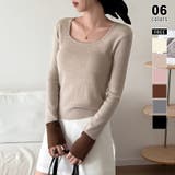 カーキ | バイカラートップス 配色ニット スクエアネック | COCOMOMO