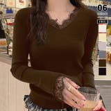 ブラウン | レースニット vネックニット レイヤードトップス | COCOMOMO