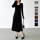 ブラック | フレアニットワンピース フレアワンピース Vネックワンピース | COCOMOMO
