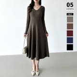 ライトブラウン | フレアニットワンピース フレアワンピース Vネックワンピース | COCOMOMO