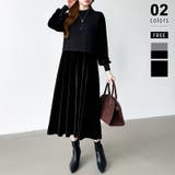 ブラック | ベロアワンピース ドッキングワンピース オフィスカジュアル | COCOMOMO