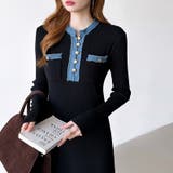 デニム切り替えニットワンピース デニムドッキング ワンピース | COCOMOMO | 詳細画像28 