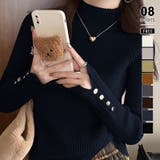 ネイビー | レイヤードにも使いやすいハイネックニット 袖ボタンニット リブニット | COCOMOMO