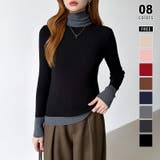 ブラック | レイヤード風ニット 配色ニット タートルネック | COCOMOMO