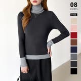 グレー | レイヤード風ニット 配色ニット タートルネック | COCOMOMO