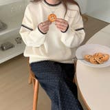 配色ステッチニット ドロップショルダー ニットセーター | COCOMOMO | 詳細画像8