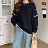 ブラック | 配色ステッチニット ドロップショルダー ニットセーター | COCOMOMO