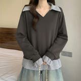 一枚でレイヤード風コーデに。ドッキングシャツ 襟付きVネックトップス 重ね着風 | COCOMOMO | 詳細画像13