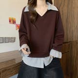 一枚でレイヤード風コーデに。ドッキングシャツ 襟付きVネックトップス 重ね着風 | COCOMOMO | 詳細画像2