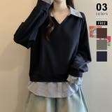 一枚でレイヤード風コーデに。ドッキングシャツ 襟付きVネックトップス 重ね着風 | COCOMOMO | 詳細画像1 