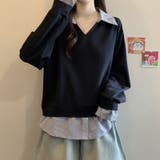 一枚でレイヤード風コーデに。ドッキングシャツ 襟付きVネックトップス 重ね着風 | COCOMOMO | 詳細画像5