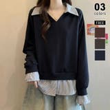 ネイビー | 一枚でレイヤード風コーデに。ドッキングシャツ 襟付きVネックトップス 重ね着風 | COCOMOMO