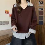 レッド.ブラウン | 一枚でレイヤード風コーデに。ドッキングシャツ 襟付きVネックトップス 重ね着風 | COCOMOMO