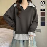 ダークグレー | 一枚でレイヤード風コーデに。ドッキングシャツ 襟付きVネックトップス 重ね着風 | COCOMOMO