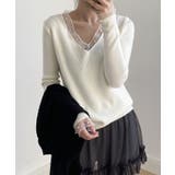 パールチュールvネックトップス レースニット vネックニット | COCOMOMO | 詳細画像1