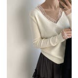 パールチュールvネックトップス レースニット vネックニット | COCOMOMO | 詳細画像3