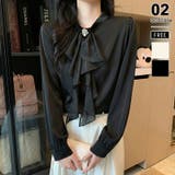 ブラック | 1枚で華やぐビジュー付きブラウス フリルブラウス ボウタイ | COCOMOMO