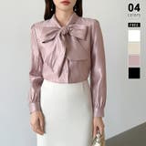 パープル | 上品艶サテンのリボンブラウス ボウタイ ブラウス | COCOMOMO