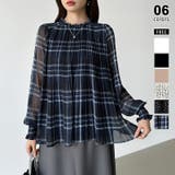ネイビー・チェック柄 | ふわっと軽やかプリーツシアーブラウス シフォンブラウス ブラウス | COCOMOMO
