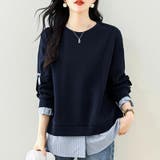 ちら見せストライプレイヤード風トップス スウェット ビジューリボン | COCOMOMO | 詳細画像4