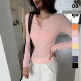ピンク | ほんのりシアー。リブカットソー ヘンリーネック ロンT | COCOMOMO