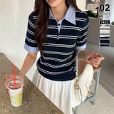 ネイビー | 【1枚で韓国フレンチガーリー】 ボーダーポロニット ポロシャツ | COCOMOMO