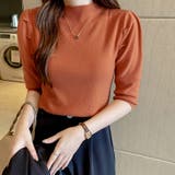オレンジ | パフショルダーニット オフィスカジュアル 五分袖 | COCOMOMO
