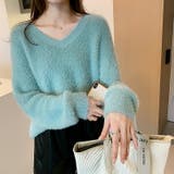 ブルー | レディース長袖ニット Vネックセーター モヘア | COCOMOMO