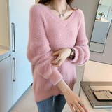 ピンク | レディース長袖ニット Vネックセーター モヘア | COCOMOMO