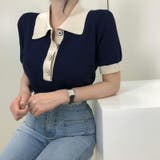 ネイビー | サマーニット 半袖ニット 襟付きニット | COCOMOMO