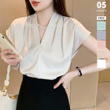 ベージュ | Vネックブラウス フレンチスリーブ オフィスカジュアル | COCOMOMO