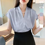 ブルー | Vネックブラウス フレンチスリーブ オフィスカジュアル | COCOMOMO