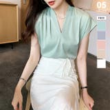 グリーン | Vネックブラウス フレンチスリーブ オフィスカジュアル | COCOMOMO