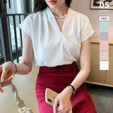 ホワイト | Vネックブラウス フレンチスリーブ オフィスカジュアル | COCOMOMO