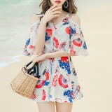 アイボリー | 水着 フリルオフショルダーワンピース ショートパンツセット | COCOMOMO