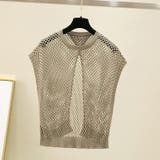 カーキ | ノースリーブ 透かし編みバックスリットトップス 2wayメッシュニットベスト | COCOMOMO