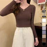 ダークブラウン | ニット Vネックニットトップス 長袖リブニット | COCOMOMO