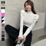 ホワイト | パフスリーブニット ハイネック リブニット | COCOMOMO