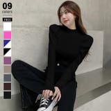 ブラック | パフスリーブニット ハイネック リブニット | COCOMOMO