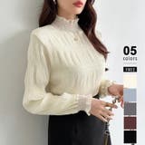 ベージュ | 新色登場！裏起毛シャーリングブラウス ハイネックブラウス オフィスカジュアル | COCOMOMO