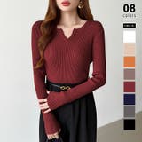 ワイン | もっちりやわらかヤク風ニット キーネックニット リブニット | COCOMOMO