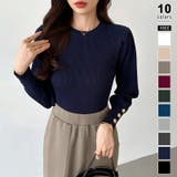 ネイビー | 新色登場！大人きれいめニット 金ボタンパフスリーブニット パワショル | COCOMOMO