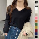 ブラック | vネックニット カラーニット オフィスカジュアル | COCOMOMO