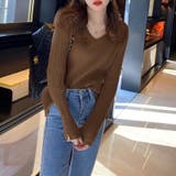 袖ボタンニット リブニット vネックトップス | COCOMOMO | 詳細画像11 