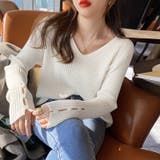 袖ボタンニット リブニット vネックトップス | COCOMOMO | 詳細画像2 